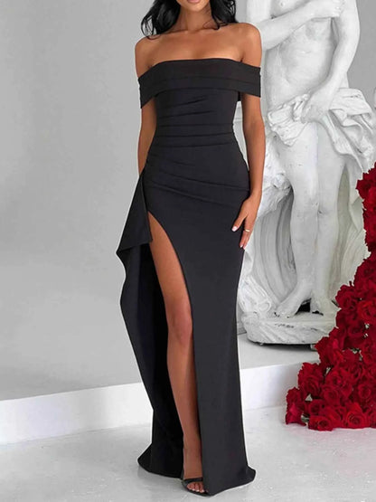 Sarah Express Women's Off-Shoulder High Slit Maxi Dress - Ruched Bodycon Evening Gown Black