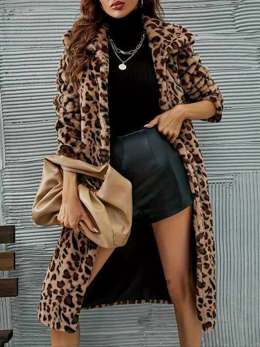 Sarah Express Women's Leopard Print Faux Fur Longline Coat Leopard