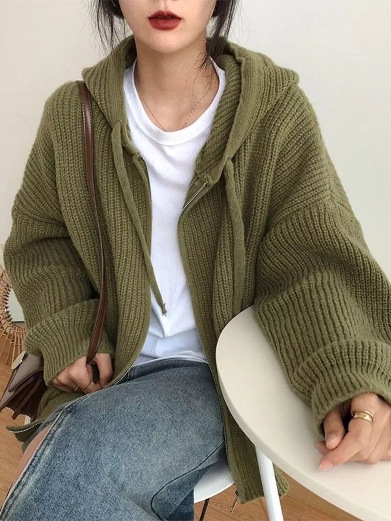 Sarah Express Women's Casual Knitted Zip-Up Hooded Cardigan