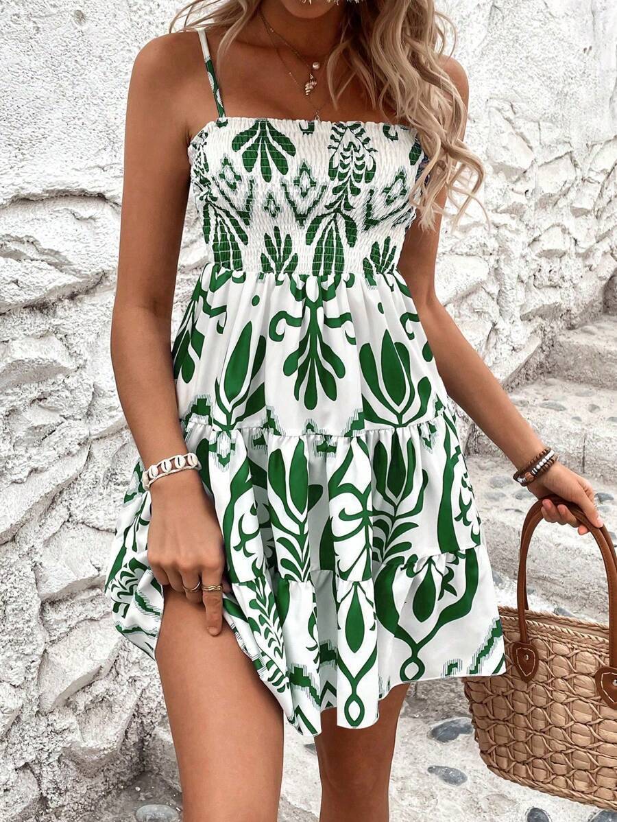 Sarah Express Women's Plant Print Gathered High Waist Cami Dress Sleeveless