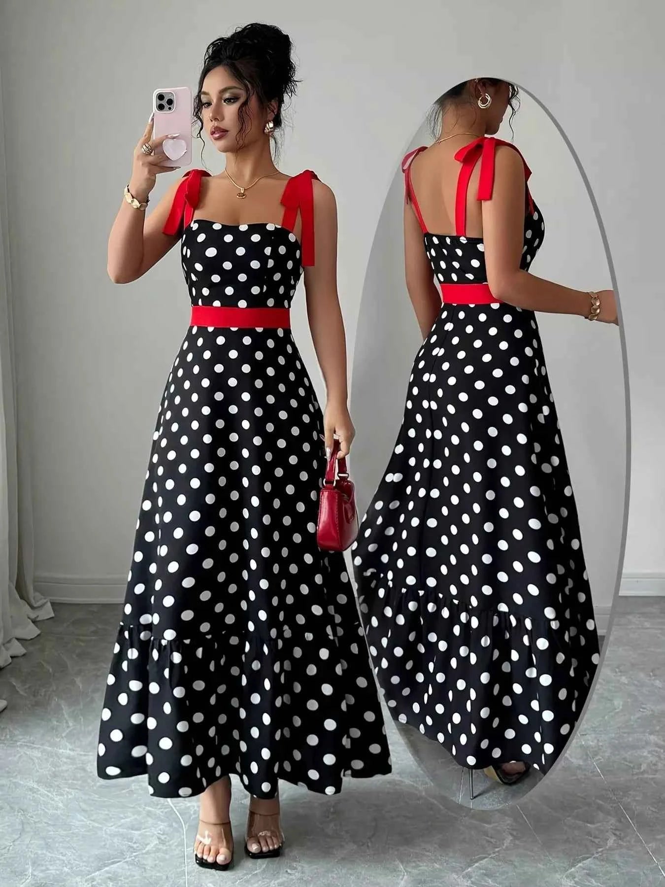 Sarah Express Women's Polka Dot Tie Strap Maxi Dress - Sleeveless Summer Dress Red