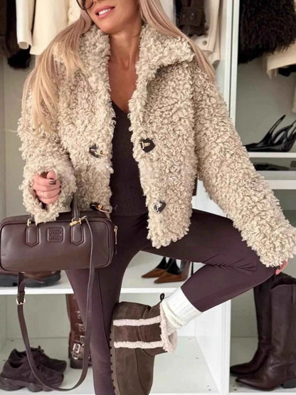 Sarah Express Women's Sherpa Button-Down Jacket - Cozy Fleece Lined Outerwear Khaki