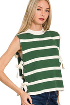 Sarah Express Women’s Top Green Striped Knit Sweater Vest with Side Ties for Casual Wear
