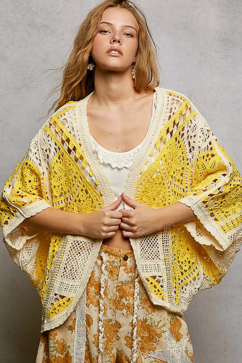 Sarah Express Women's Open Front Crochet Cardigan with Scalloped Edge YELLOW MULTI One Size