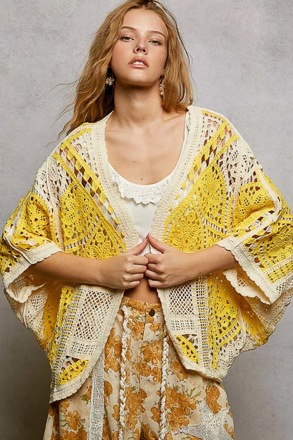 Sarah Express Women's Open Front Crochet Cardigan with Scalloped Edge YELLOW MULTI One Size
