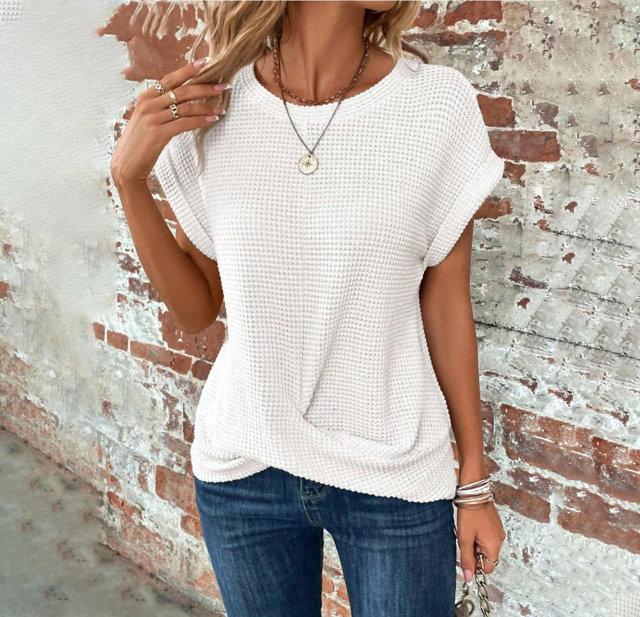 Sarah Express Women's Waffle Texture Crew Neck T-Shirt Short Sleeve Polyester Summer Top