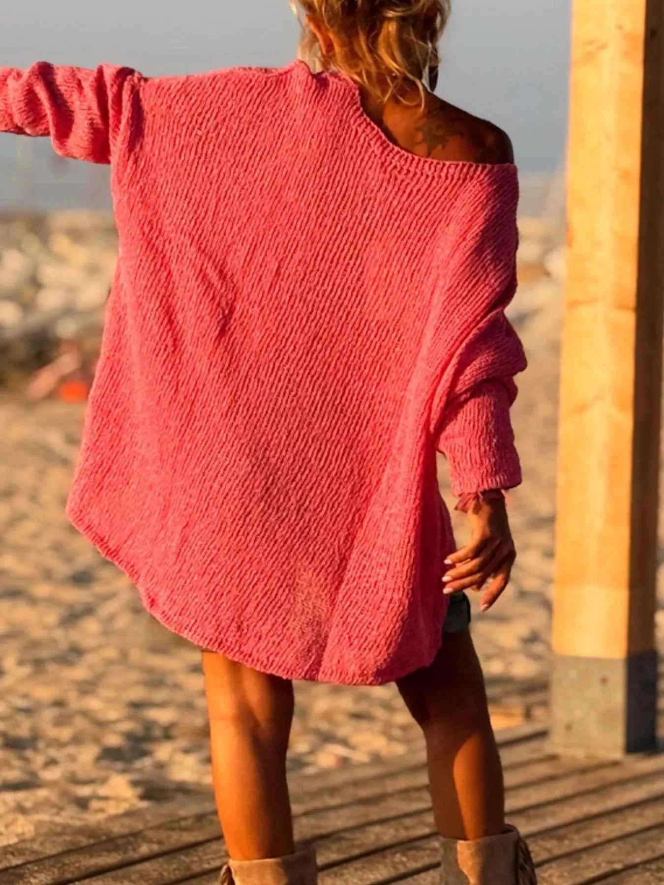 Sarah Express Women's Heart Pattern V-Neck Sweater Dropped Shoulder Openwork Knit