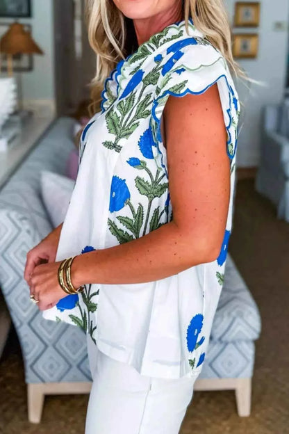 Sarah Express Women's Floral Print Ruffle Trim Blouse - Short Sleeve Cotton Viscose Top