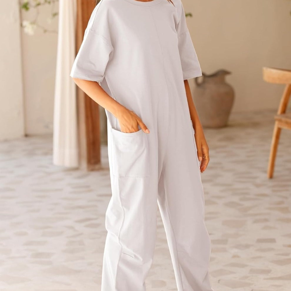 Sarah Express Women's V-Neck Jumpsuit Stretch Polyester with Pockets Casual Spring Summer One-Piece