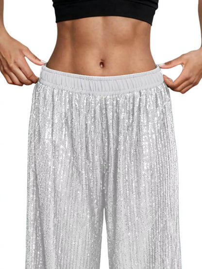Sarah Express Women's Sequin Wide Leg Pants - High Waist Sparkle Palazzo Trousers