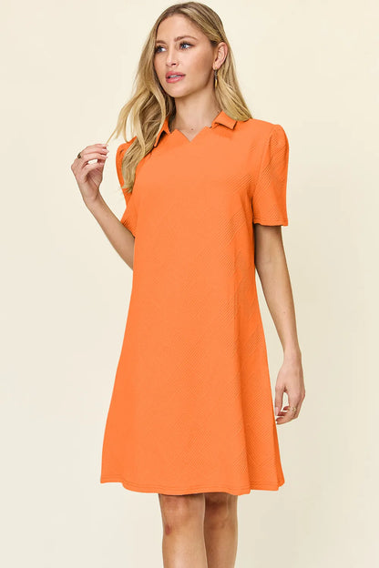 Sarah Express Women's Textured Collared Neck Short Sleeve Dress Tangerine