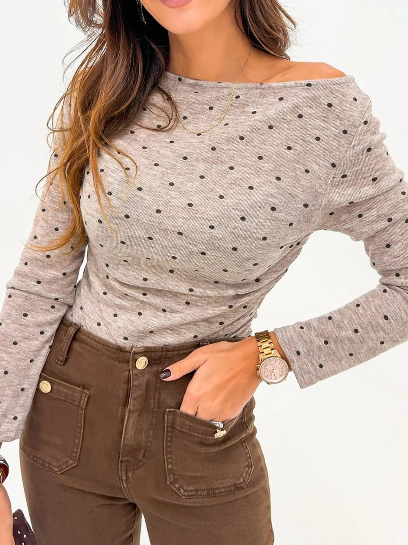 Sarah Express Women's Polka Dot Long Sleeve T-Shirt - Basic Style Casual Top Dust Storm