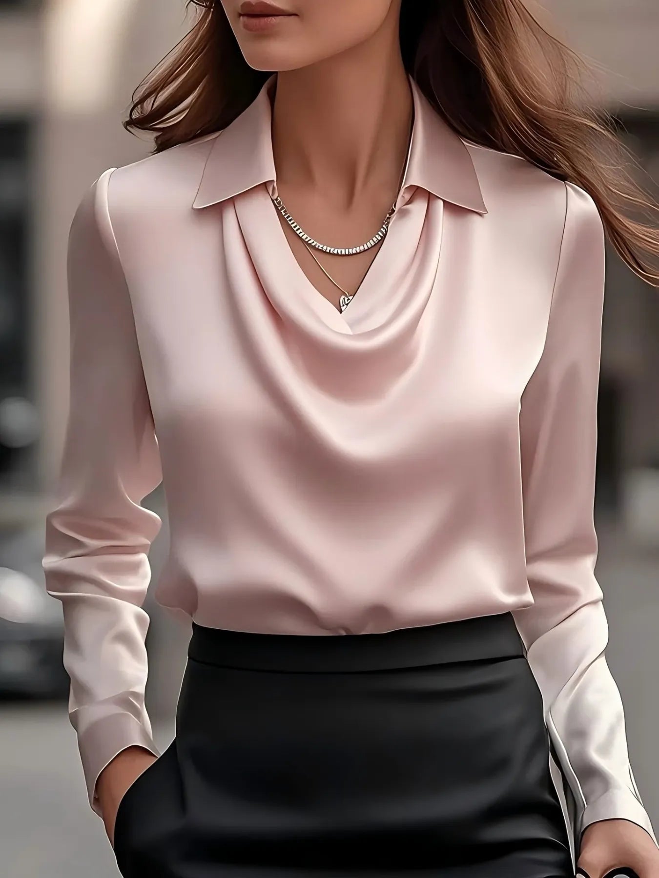 Sarah Express Women's Satin Collar Long Sleeve Blouse Blush Pink