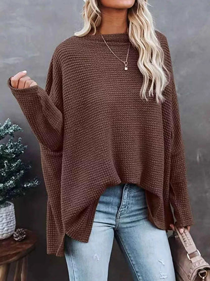 Sarah Express Women's Oversized Waffle Knit Boat Neck T-Shirt Coffee