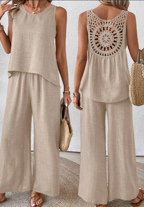Sarah Express Solid Tank Top Wide Leg Pants Set 2 Piece Summer Vacation Polyester