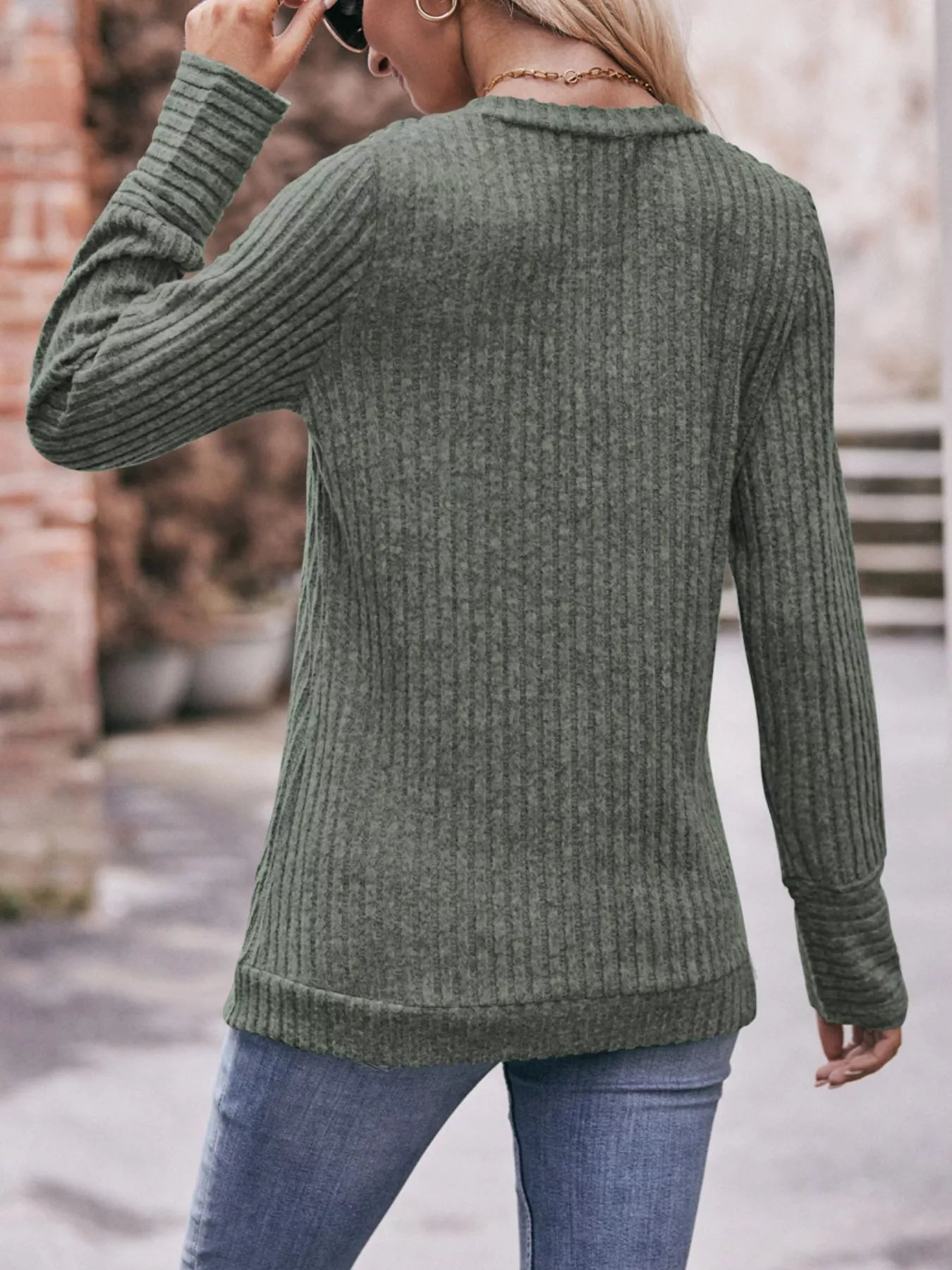 Sarah Express Women's V-Neck Ribbed Knit Long Sleeve T-Shirt