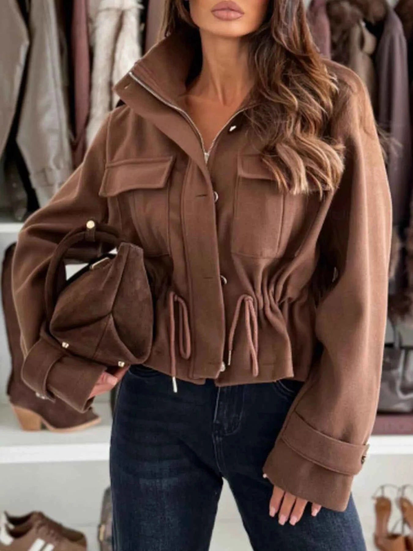 Sarah Express Women's Drawstring Button-Up Casual Jacket with Pockets