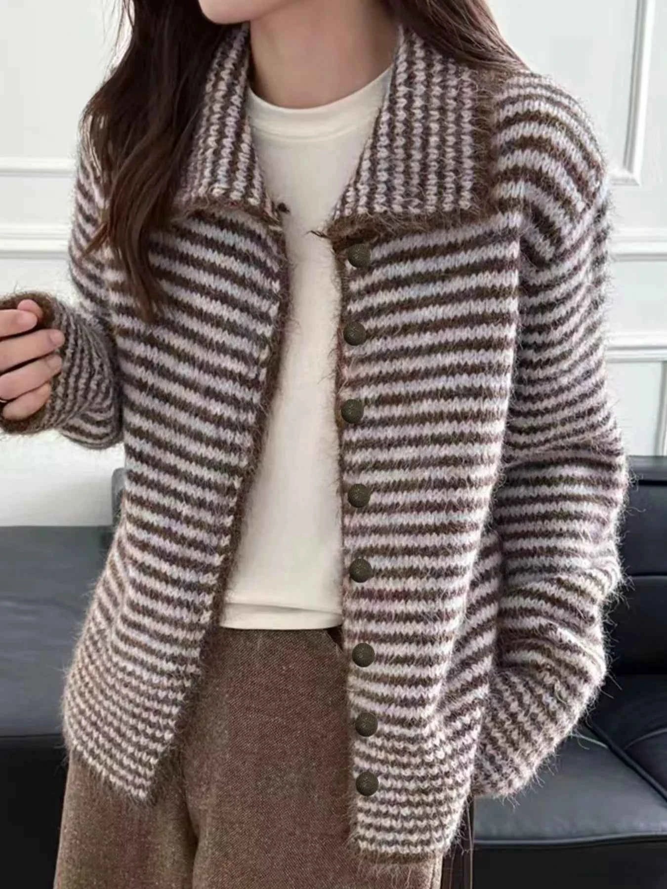 Sarah Express Women's Striped Knit Button-Down Cardigan - Cozy Acrylic Sweater