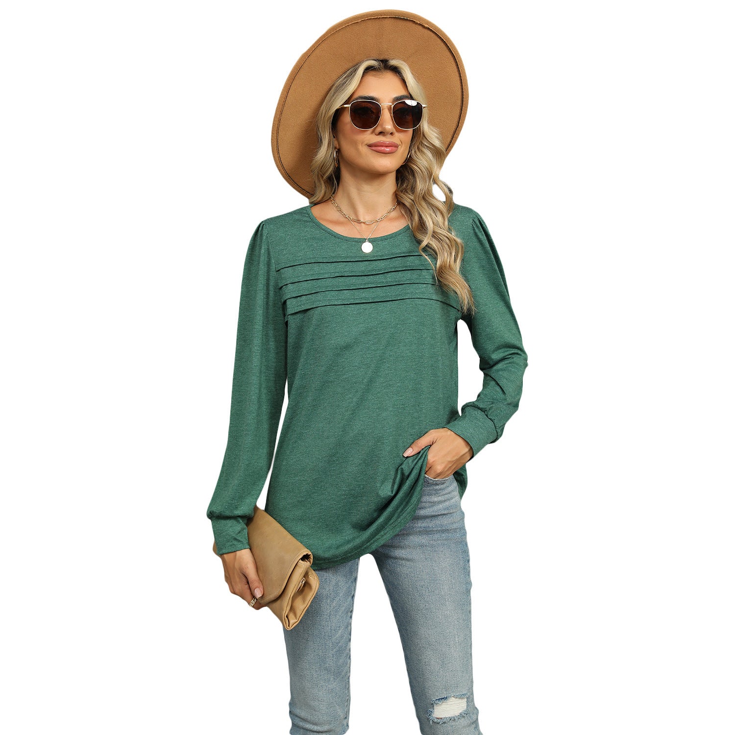 Sarah Express Solid Color U-Neck Pleated Long Sleeve Top for Women