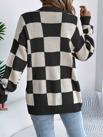 Sarah Express Women's Color Block Plaid Cardigan Sweater - Lantern Sleeve Mid-Length Knit Coat