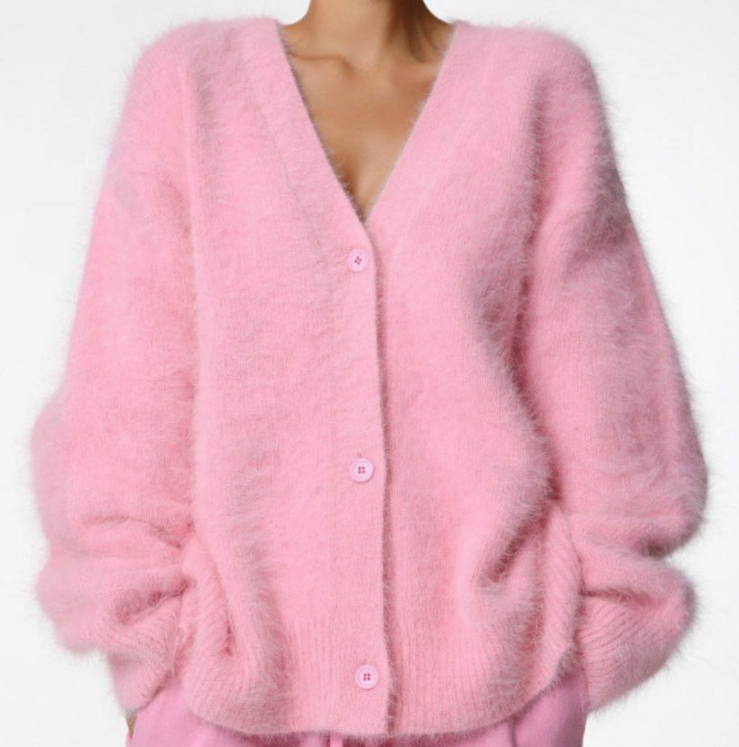Sarah Express Women's V-Neck Button Cardigan Loose Knit Sweater Fall Winter Fashion Pink
