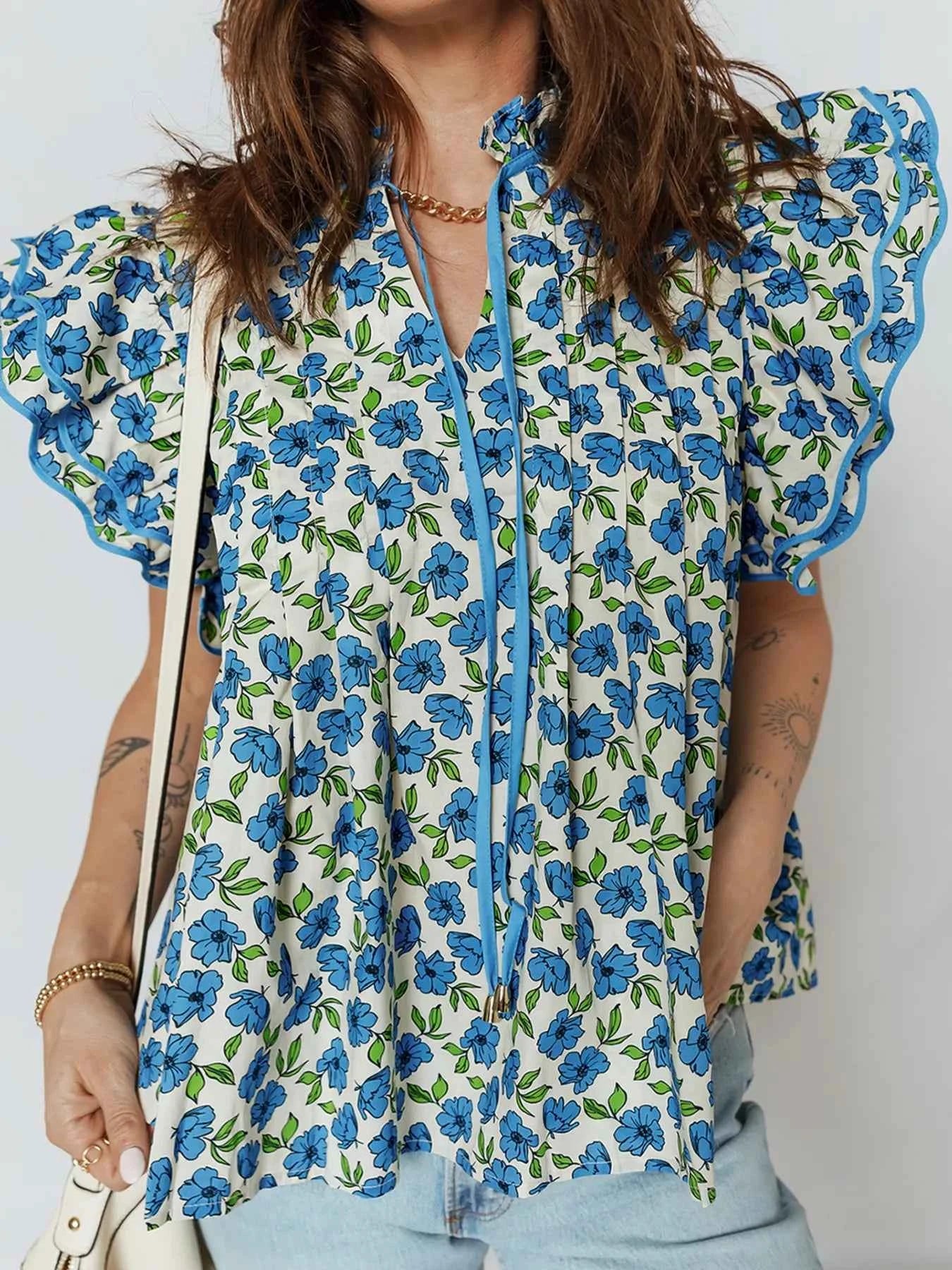 Sarah Express Women's Tiered Flutter Sleeve Pleated Floral Blouse