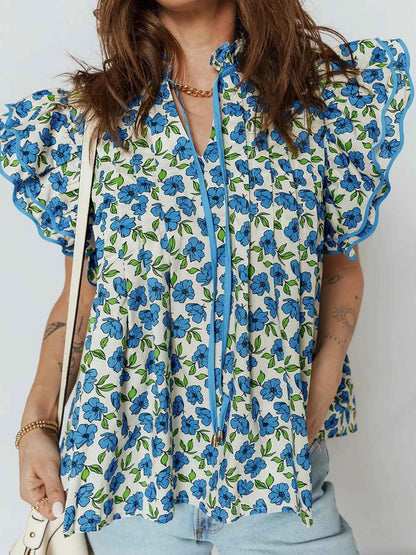 Sarah Express Women's Tiered Flutter Sleeve Pleated Floral Blouse