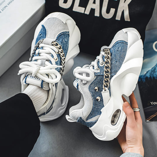 Sarah Express Men's Elevated Denim Sneakers - Thick Sole Casual Shoes with Height Boost