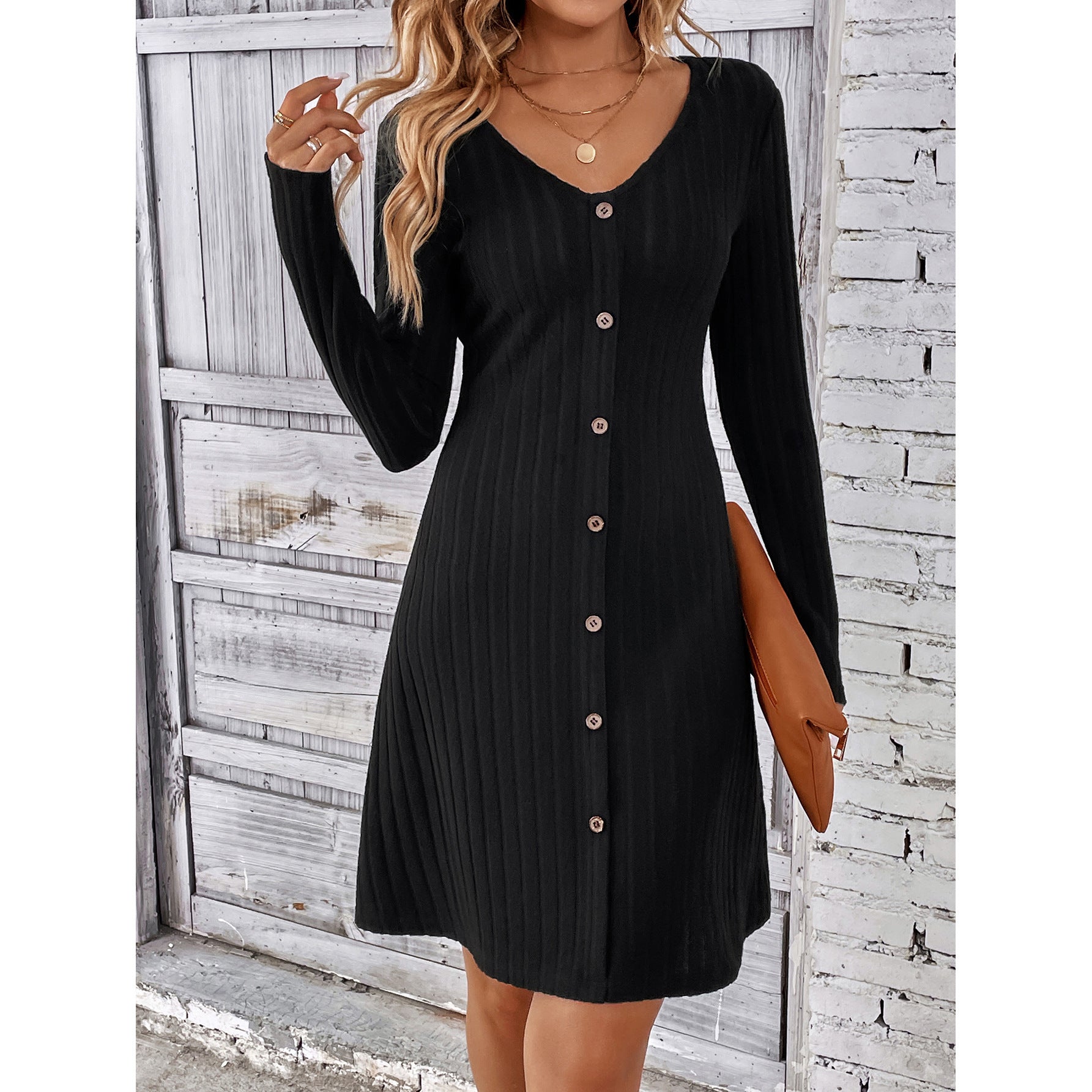 Sarah Express Button Waist Long Sleeve Dress Midi Length