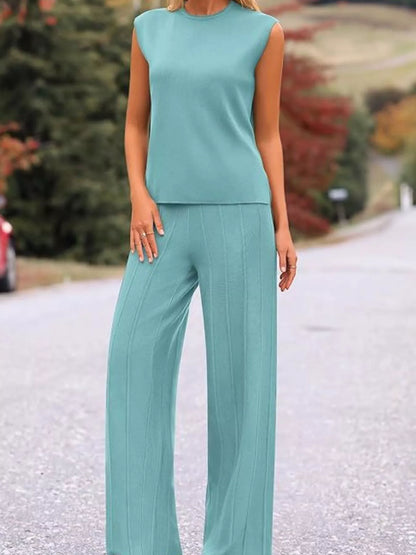 Sarah Express Women's Casual Solid Color Cap Sleeve Top and Pants Knit Set Turquoise