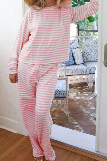 Sarah Express Women's Striped Round Neck Top and Pants Set - Two Piece Outfit Blush Pink