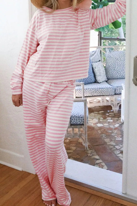 Sarah Express Women's Striped Round Neck Top and Pants Set - Two Piece Outfit Blush Pink