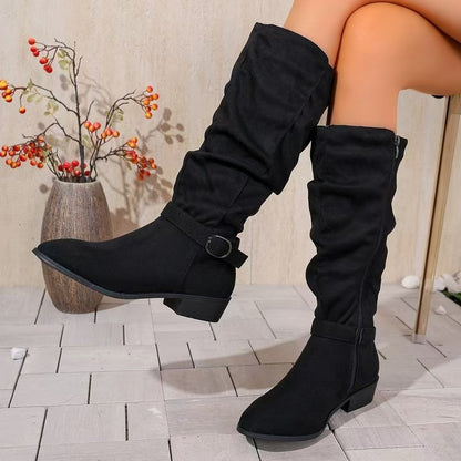 Sarah Express Belt Buckle High Shaft Suede Long Boots