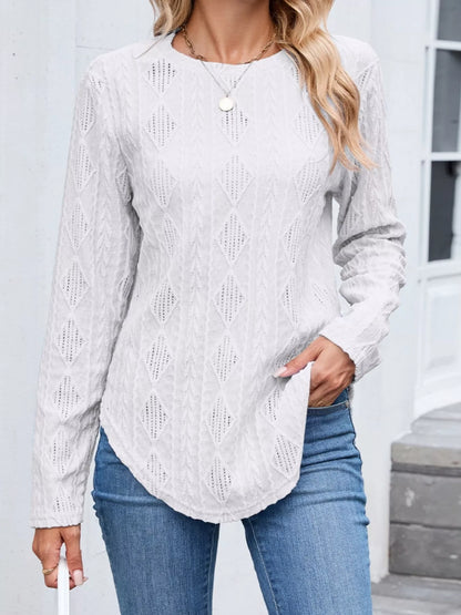 Sarah Express Women's Diamond Pattern Openwork Knit Long Sleeve Top