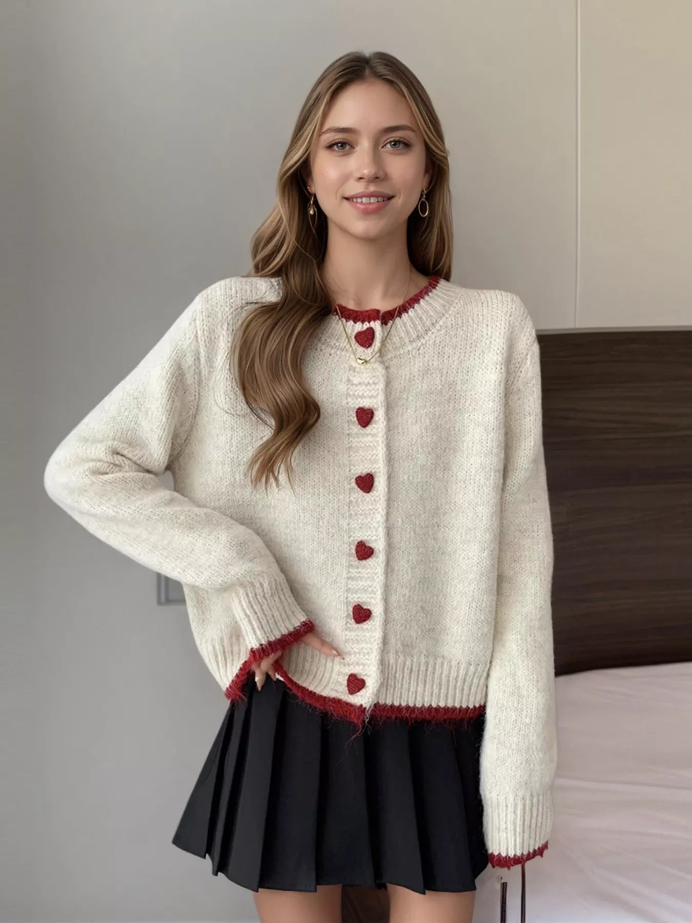 Sarah Express Heart Button Up Knit Cardigan - Contrast Stitch Sweater Ivory One Size