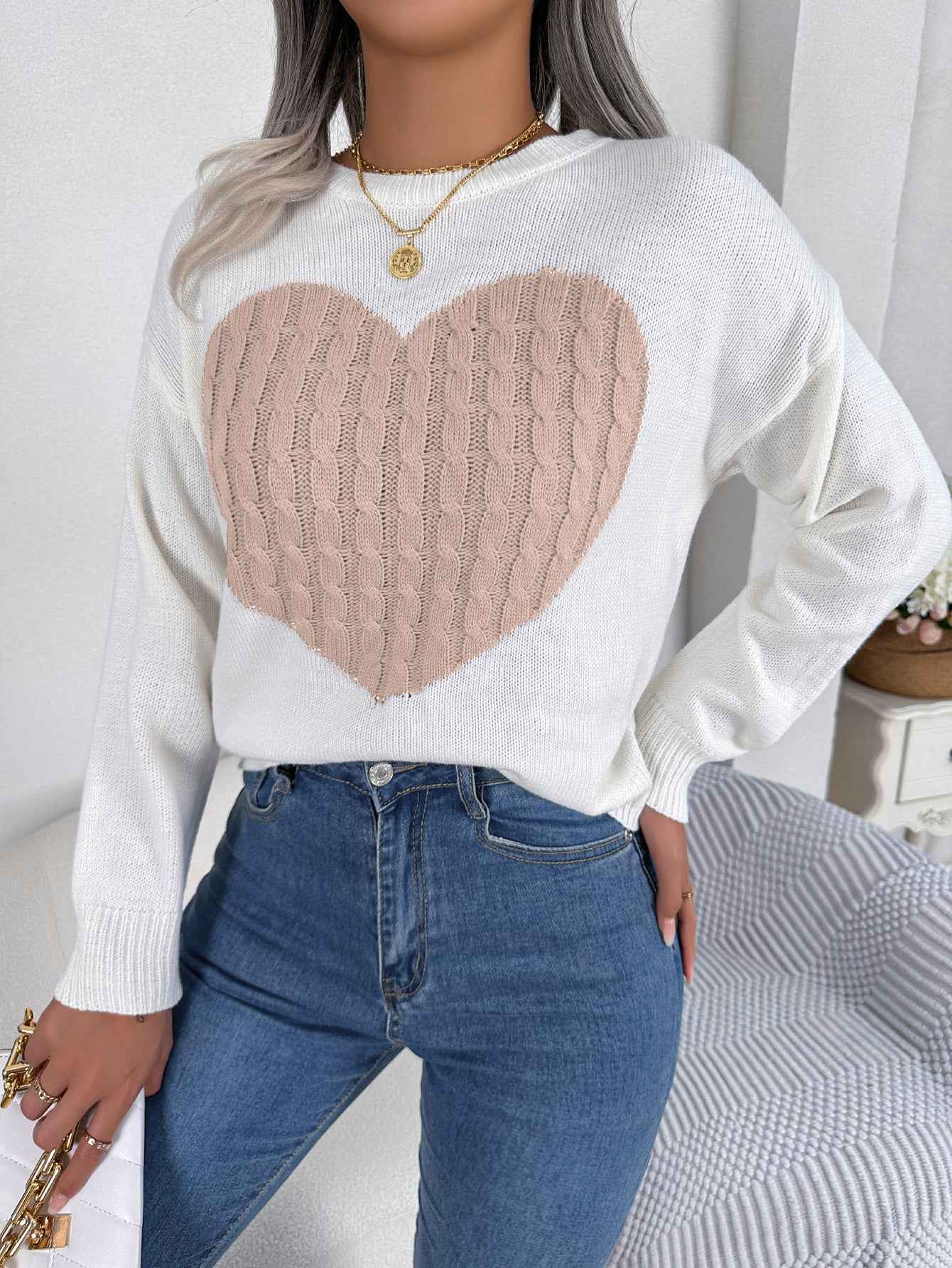 Sarah Express Women's Cable Knit Heart Pattern Pullover Sweater Long Sleeve