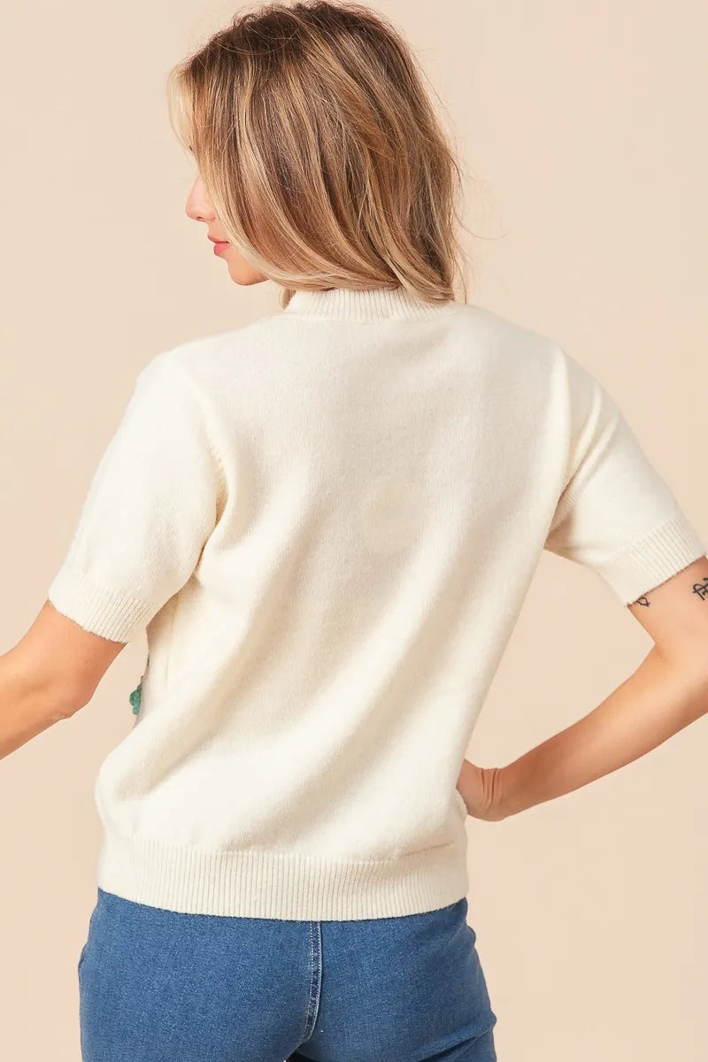 Sarah Express Women’s Short Sleeve Sweater with Crochet Flower Patches

