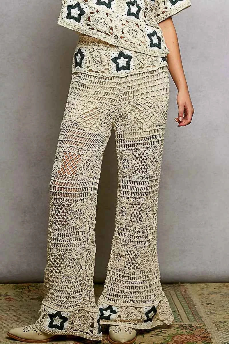Sarah Express Women's Crochet Flare Pants with Contrast Star - Openwork Boho Wide Leg Trousers NATURAL INDIGO One Size