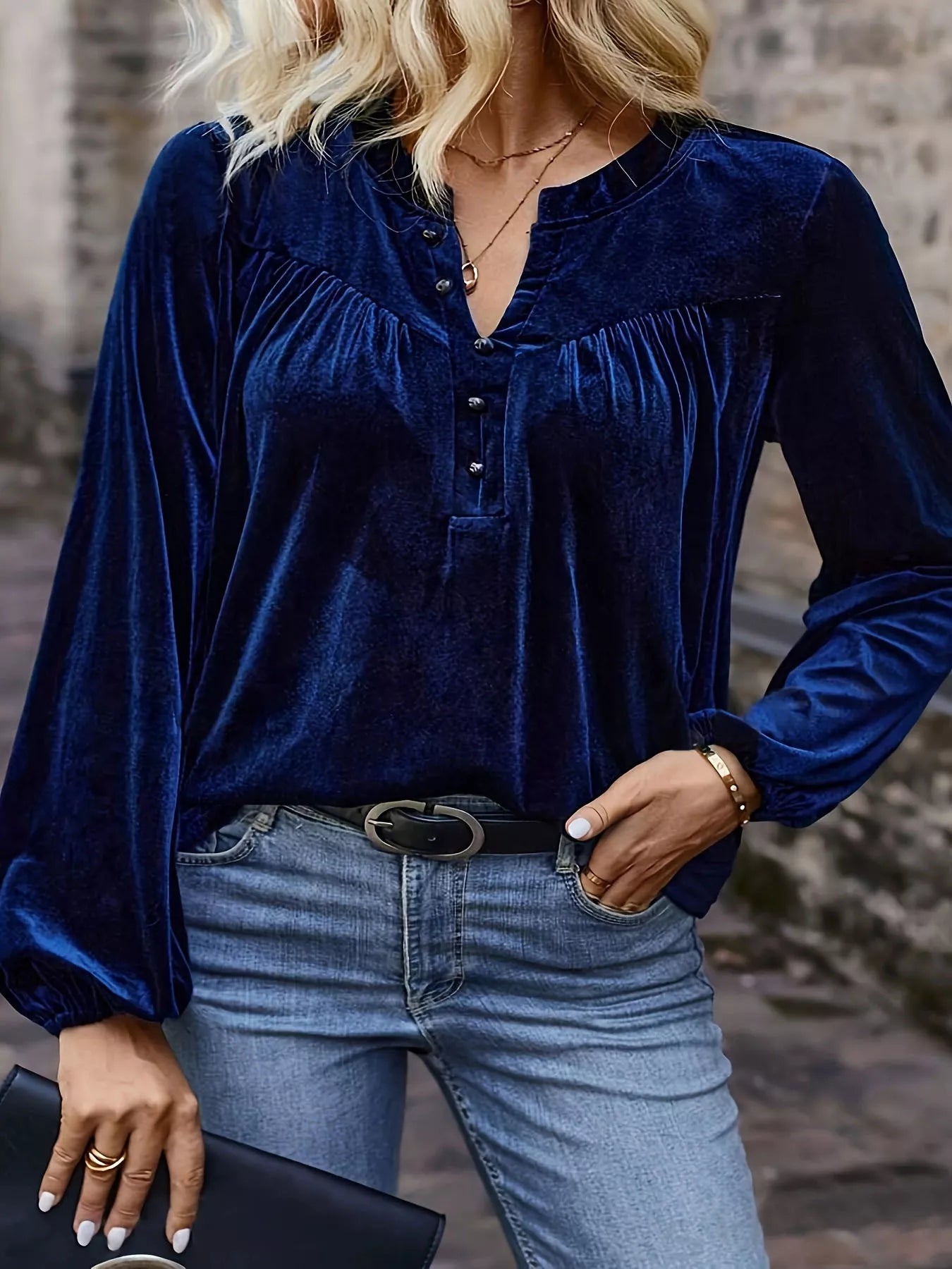 Sarah Express Women's Velvet Balloon Sleeve Blouse Blue