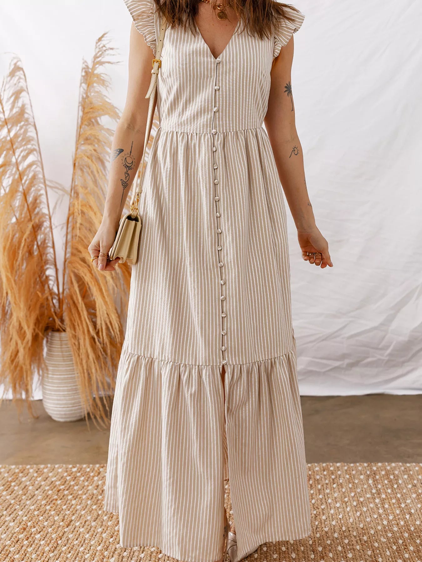 Sarah Express Women's Stripe Flutter Sleeve Buttoned Front Slit Maxi Dress