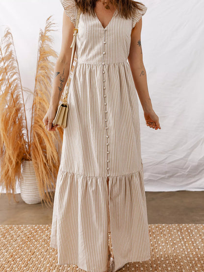 Sarah Express Women's Stripe Flutter Sleeve Buttoned Front Slit Maxi Dress