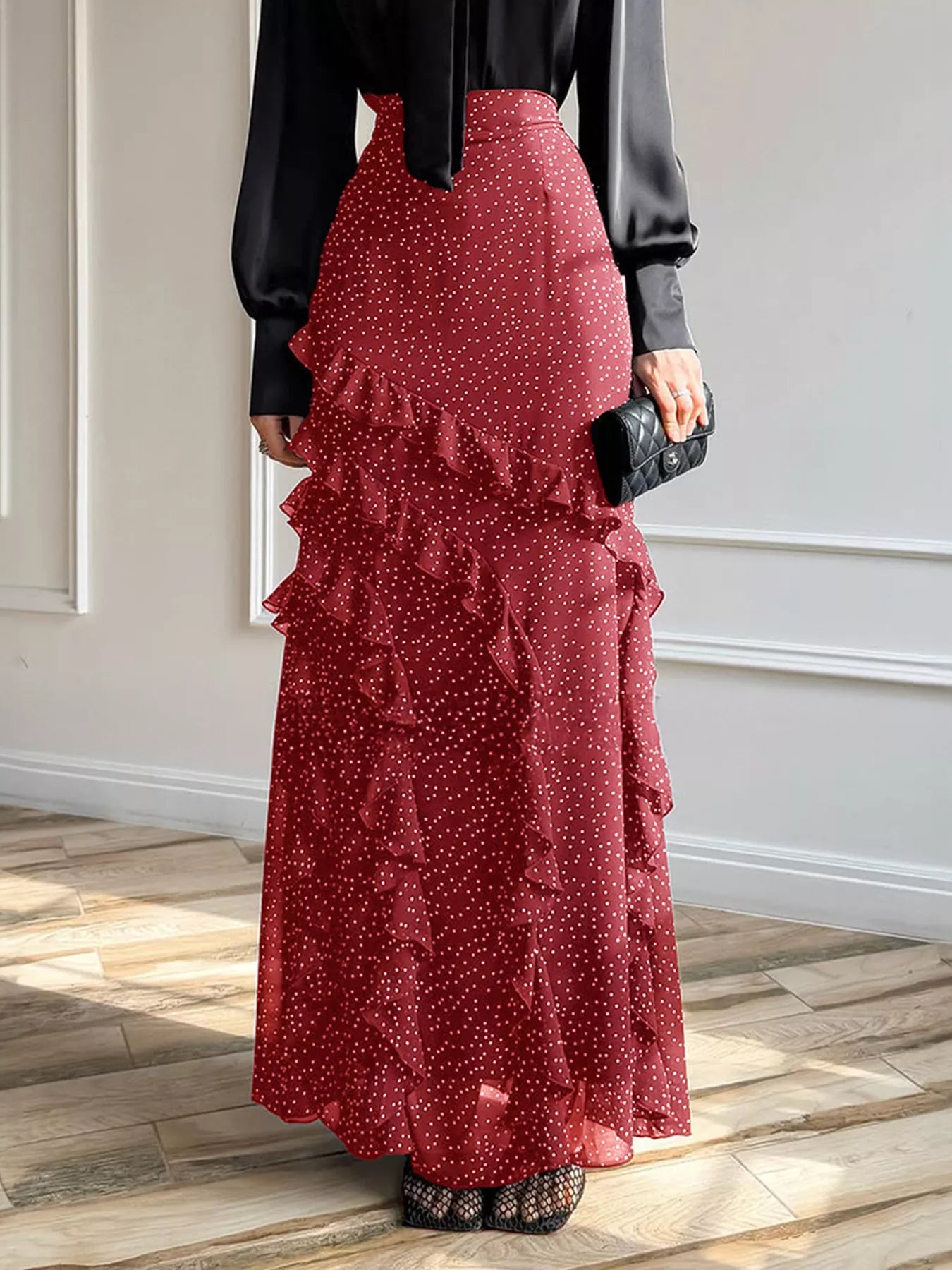 Sarah Express Women's Ruffled Polka Dot Maxi Skirt