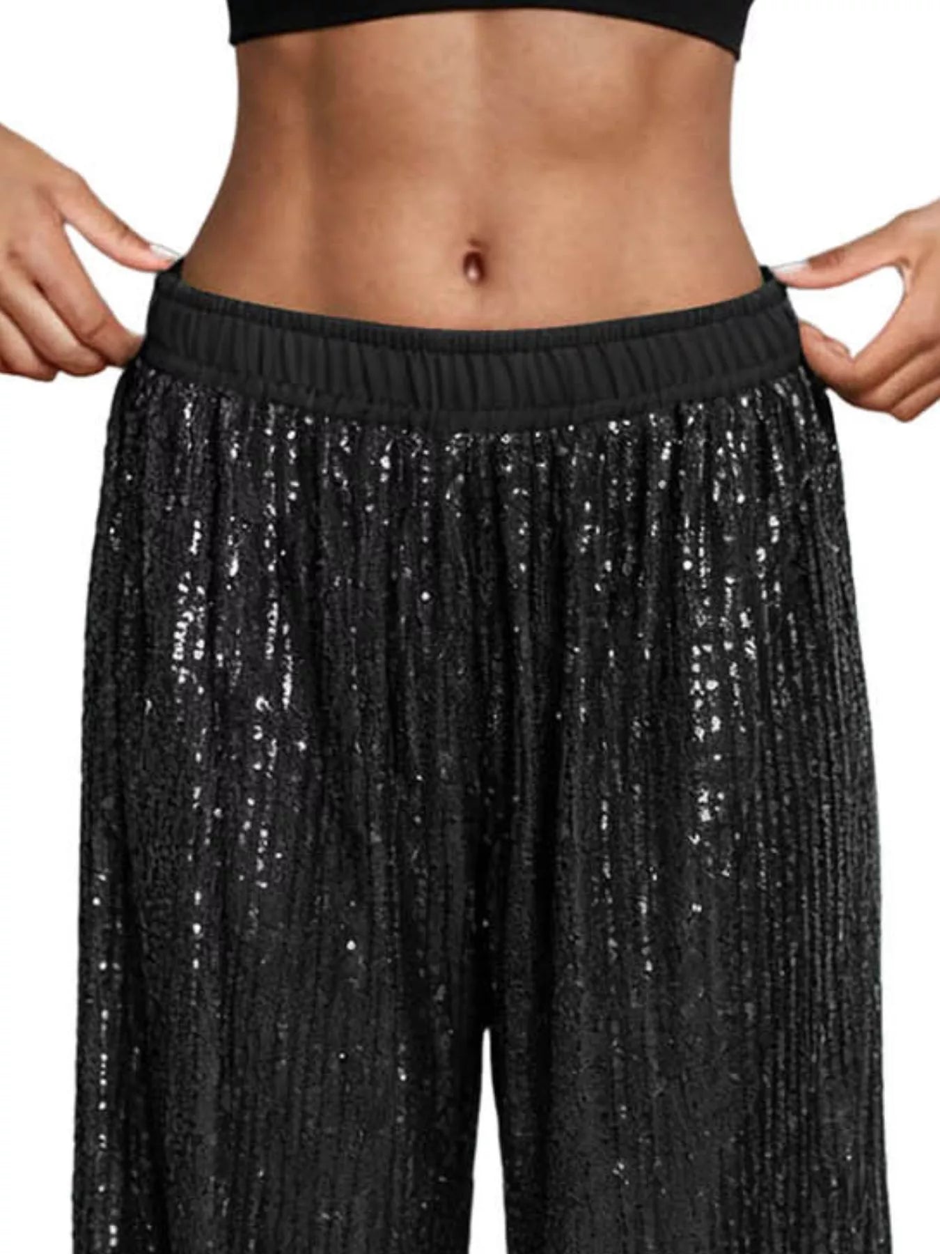 Sarah Express Women's Sequin Wide Leg Pants - High Waist Sparkle Palazzo Trousers