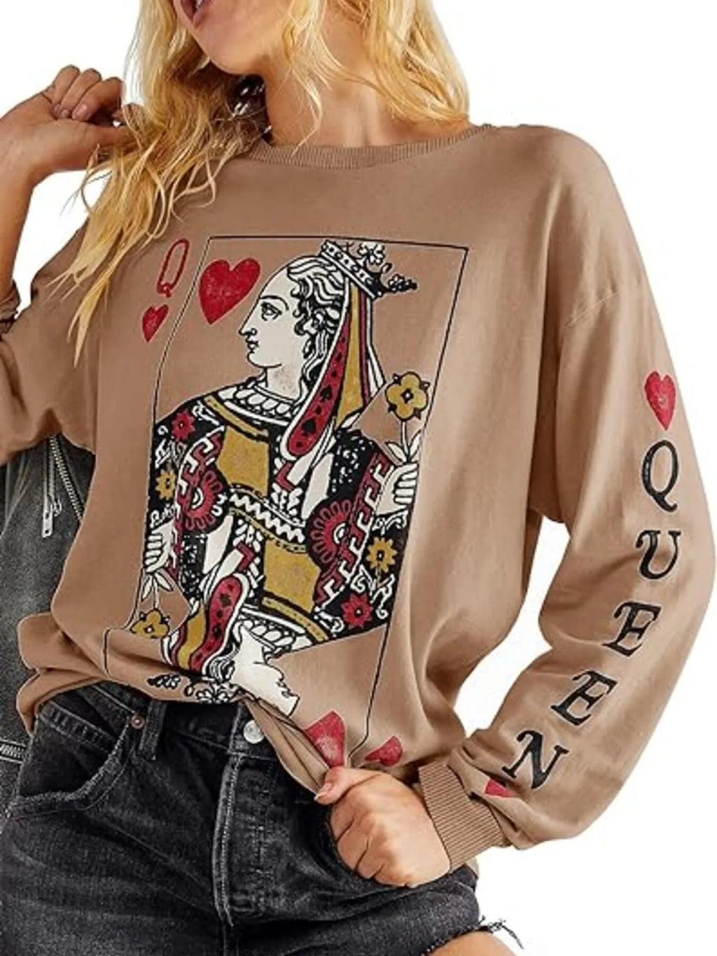 Sarah Express Women's Queen of Hearts Playing Card Graphic Round Neck Sweatshirt Khaki