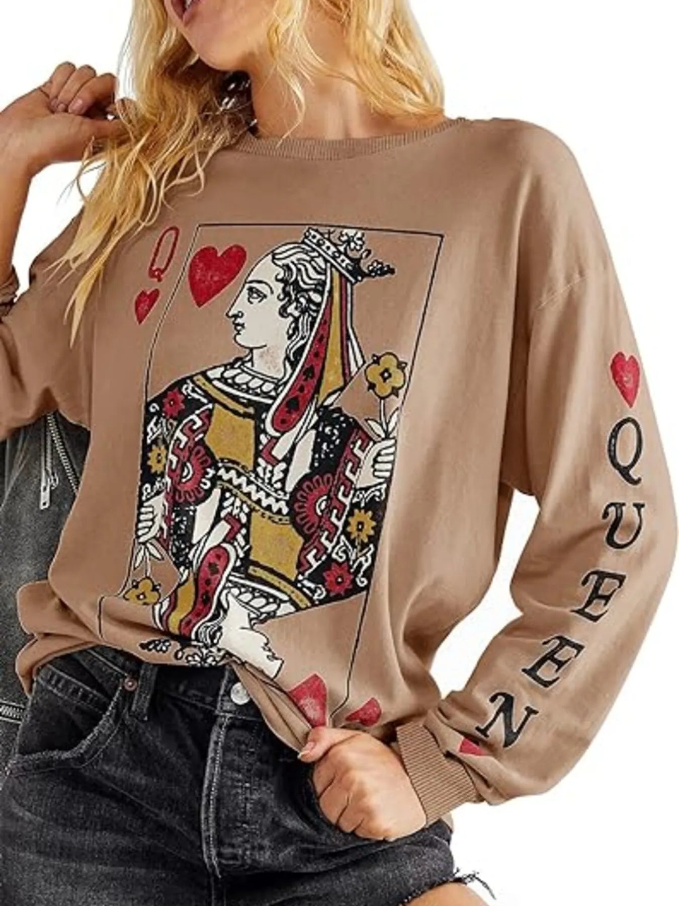 Sarah Express Women's Queen of Hearts Playing Card Graphic Round Neck Sweatshirt Khaki