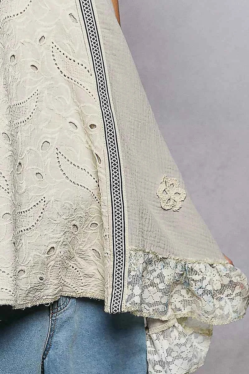 Sarah Express Women's Lace Ruffle Halter Neck Top - Double Gauze Crochet Patch Sleeveless Blouse