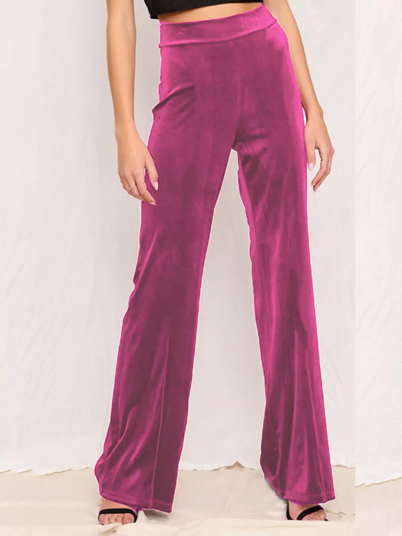 Sarah Express Women's Velvet Wide Leg Pants - High Waist Palazzo Trousers Plus Size Purple Pink