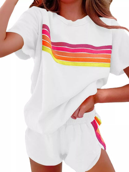 Sarah Express Women's Rainbow Striped Two Piece Set - Round Neck Top & Shorts Lounge Set White Suit
