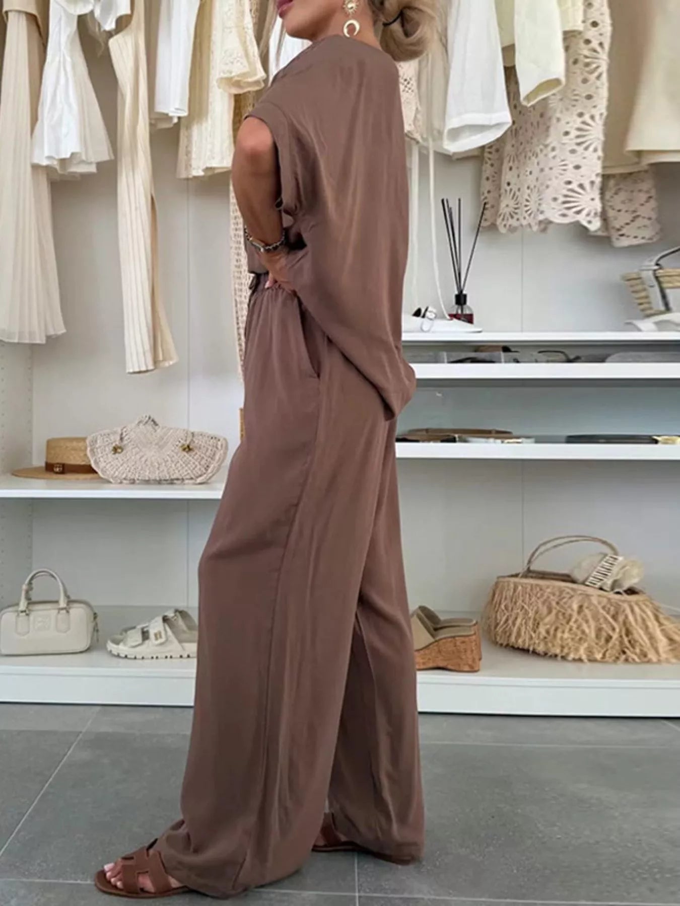 Sarah Express Women's Casual Loose Round Neck Top and Pants Two Piece Set Plus Size