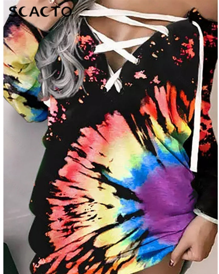 Sarah Express Women's Off-Shoulder Graffiti Print Lace-Up Long Sleeve Top